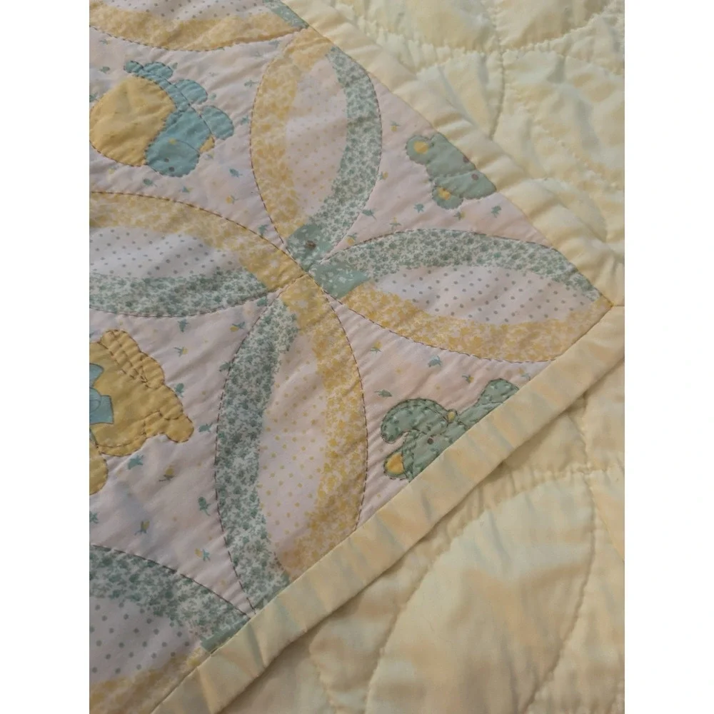 Vintage 1970s Animals Baby Blanket Hand Quilted 42x 34 Yellow Green